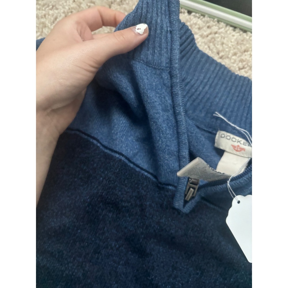 Mens Quarter Zip Sweater Colorblock Blue Mock Neck Knit Pullover Dockers M - Picture 3 of 4